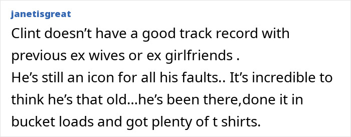 "Comment reflecting on Clint Eastwood's relationships and iconic status despite faults. "Comment reflecting on Clint Eastwood's relationships and iconic status despite faults.