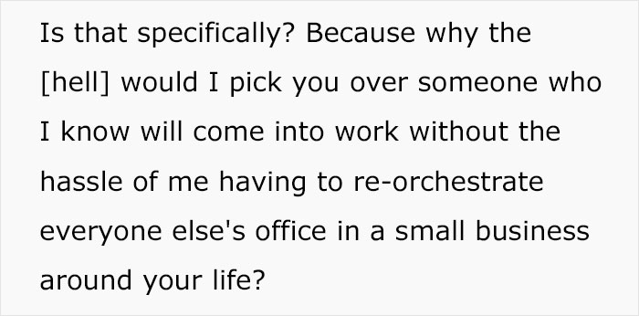 Text exchange about hiring preferences, highlighting mental health reasons for not working. Text exchange about hiring preferences, highlighting mental health reasons for not working.