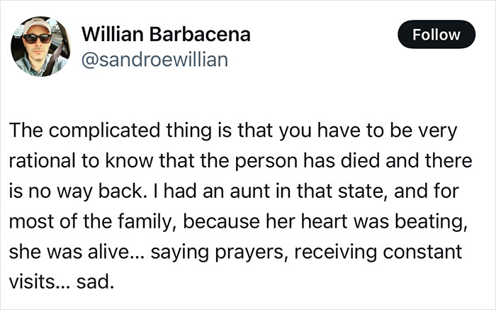 Tweet by Willian Barbacena discussing life support for a pregnant woman, referencing family experiences and emotions. Tweet by Willian Barbacena discussing life support for a pregnant woman, referencing family experiences and emotions.
