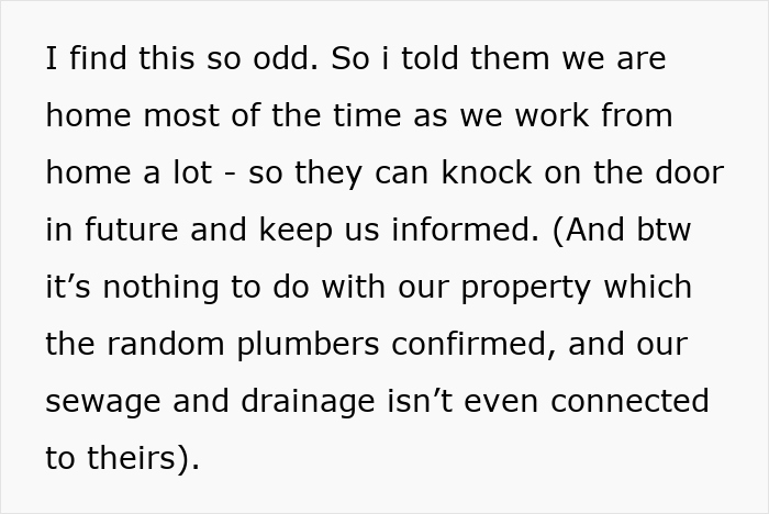 Text about plumbers in a private yard, mentioning work-from-home situation and disconnected drainage systems. Text about plumbers in a private yard, mentioning work-from-home situation and disconnected drainage systems.