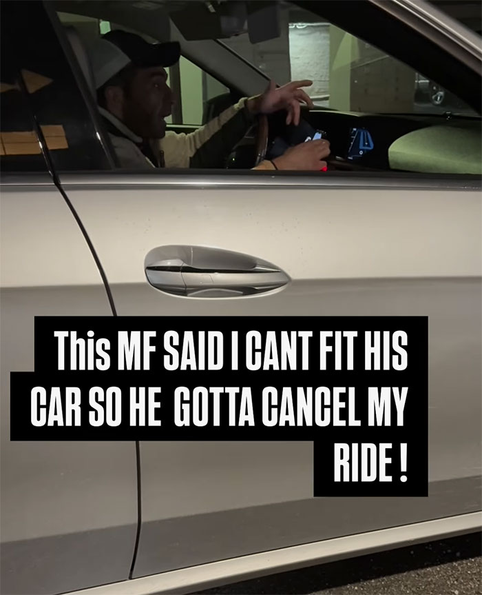 Driver in a car gesturing, overlay text about cancelling ride; discusses plus size passenger issue. Driver in a car gesturing, overlay text about cancelling ride; discusses plus size passenger issue.