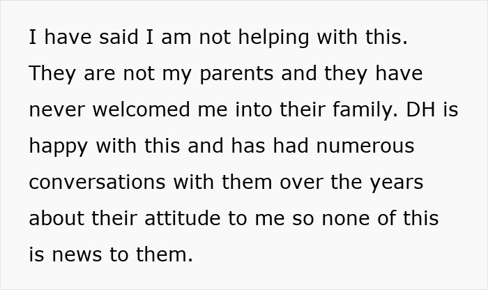 Text about caring for elderly in-laws, discussing family dynamics and lack of support due to past grievances. Text about caring for elderly in-laws, discussing family dynamics and lack of support due to past grievances.