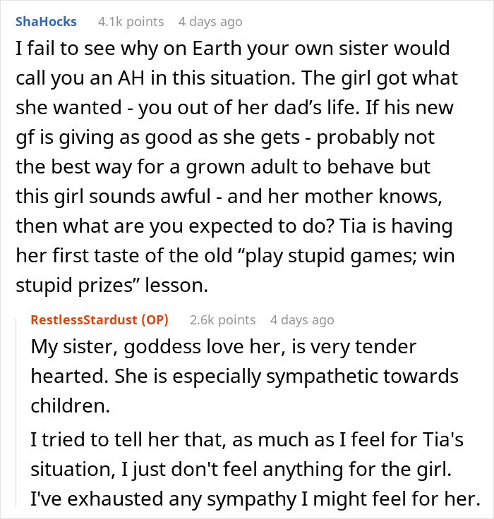 Reddit comments discussing a teen's dislike of her dad's new girlfriend. Reddit comments discussing a teen's dislike of her dad's new girlfriend.