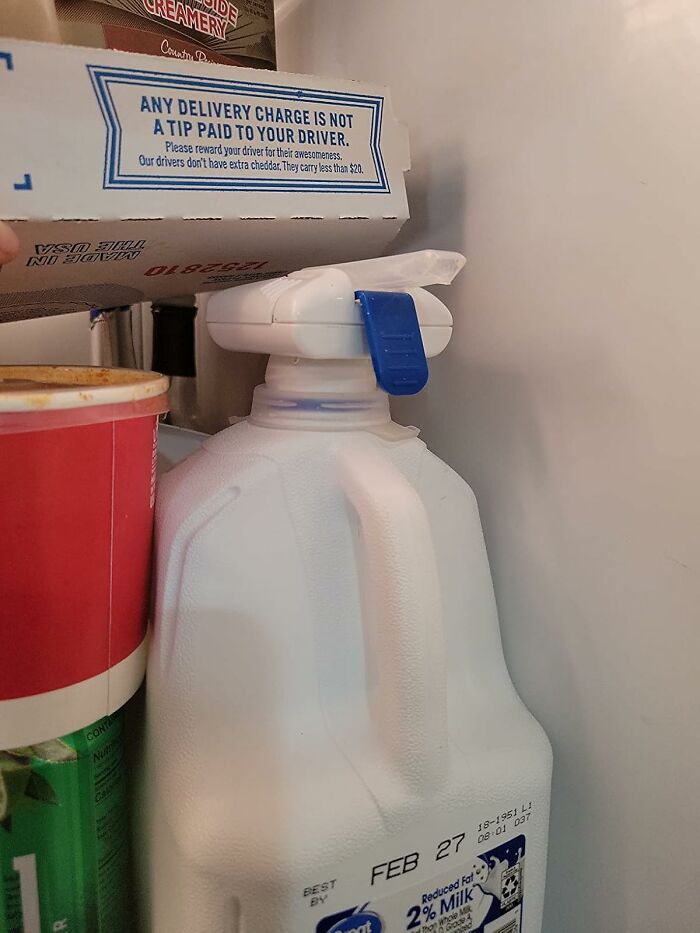 Fridge with simple products like pizza box and milk jug, showcasing clever organization ideas for pantry.
