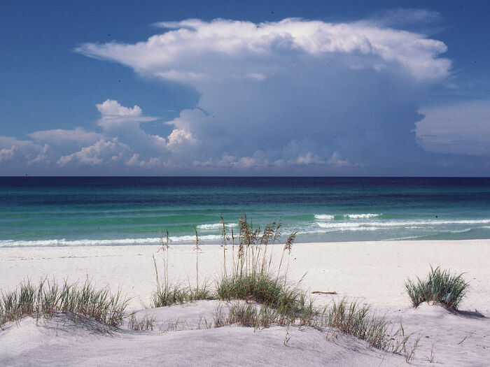 Amazing beach view with white sand, grass, and a bright blue ocean under a cloudy sky.