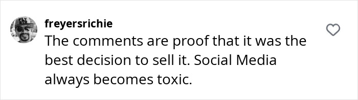 Comment discussing the decision of MySpace founder Tom Anderson to sell the platform, highlighting social media toxicity. Comment discussing the decision of MySpace founder Tom Anderson to sell the platform, highlighting social media toxicity.