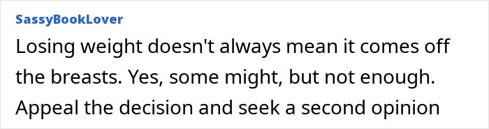 Text from user SassyBookLover advising on breast reduction and seeking a second opinion. Text from user SassyBookLover advising on breast reduction and seeking a second opinion.