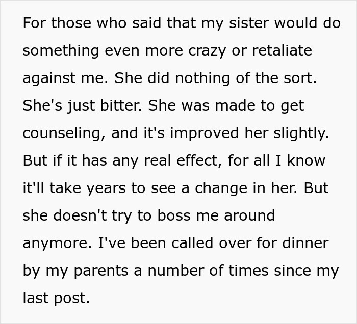 Text describing a sister's behavior, reflecting on a minor disagreement and changes after counseling. Text describing a sister's behavior, reflecting on a minor disagreement and changes after counseling.