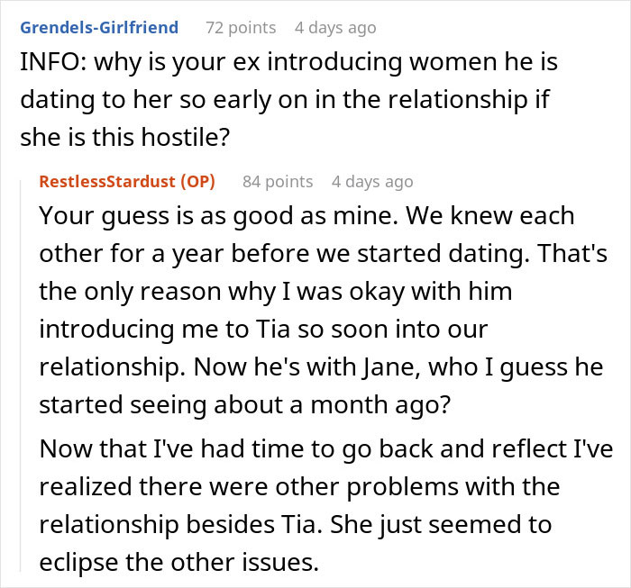 Reddit conversation about ex-girlfriends and new relationships, discussing issues with introductions. Reddit conversation about ex-girlfriends and new relationships, discussing issues with introductions.