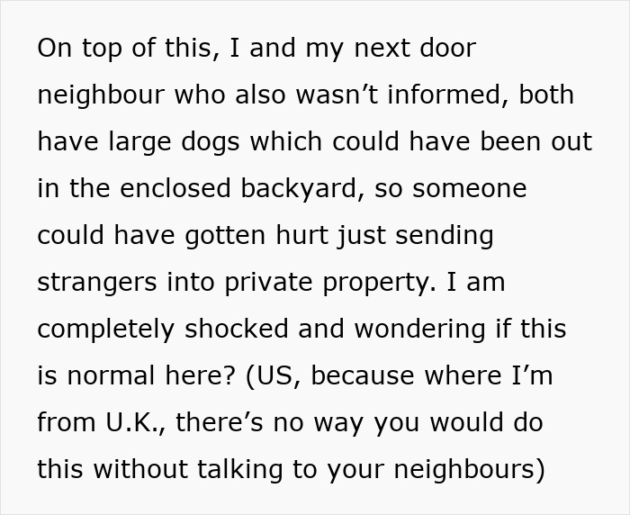 Text about neighbors and plumbers entering private yard, discussing potential dangers and cultural differences. Text about neighbors and plumbers entering private yard, discussing potential dangers and cultural differences.
