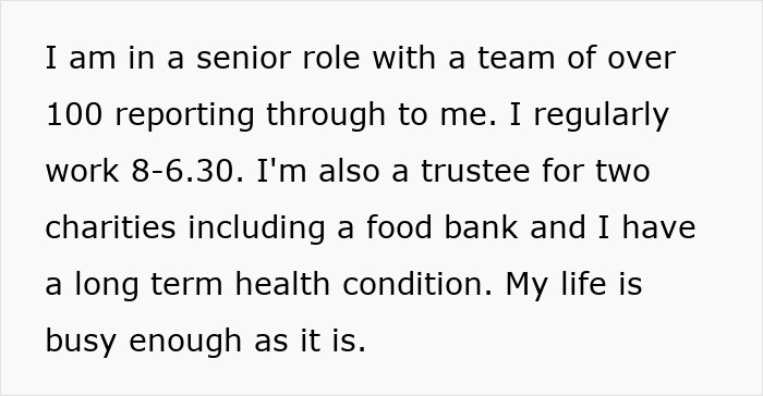 Text discussing a busy life in a senior role and trustee duties, related to elderly in-laws and care responsibilities. Text discussing a busy life in a senior role and trustee duties, related to elderly in-laws and care responsibilities.