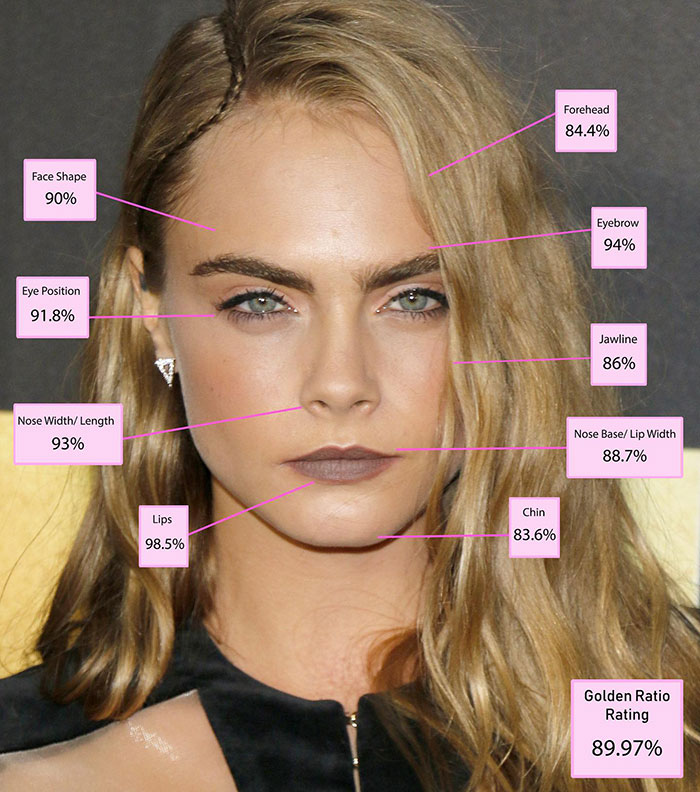 Young woman with facial feature percentages illustrating beauty according to scientific golden ratio measurements. Young woman with facial feature percentages illustrating beauty according to scientific golden ratio measurements.