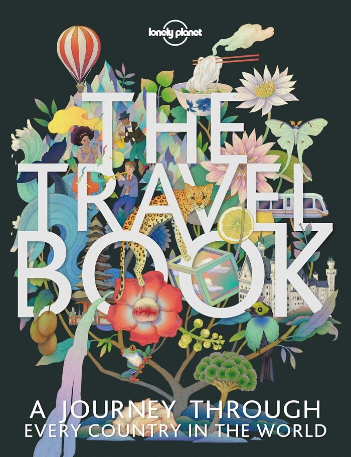 Colorful travel-themed book cover with illustrations of nature and landmarks.