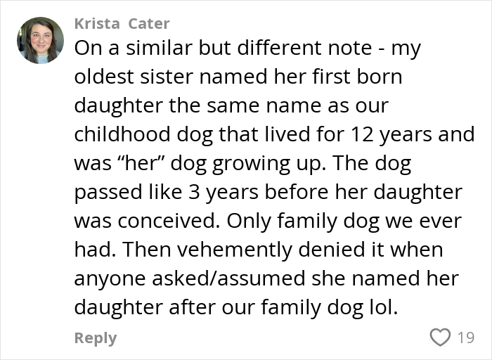 Comment discussing naming a child after a family dog, with a user profile picture visible. Comment discussing naming a child after a family dog, with a user profile picture visible.
