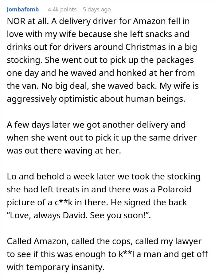 Text recounting calling the police after receiving a note from an Amazon driver. Text recounting calling the police after receiving a note from an Amazon driver.