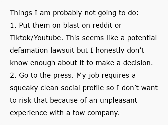Text discussing actions to avoid with a towing company over a $36 dispute. Text discussing actions to avoid with a towing company over a $36 dispute.