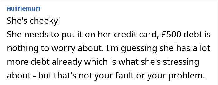 Text response discussing friend’s refusal to go into debt over a lost hairdryer, mentioning credit card and existing debt concerns. Text response discussing friend’s refusal to go into debt over a lost hairdryer, mentioning credit card and existing debt concerns.