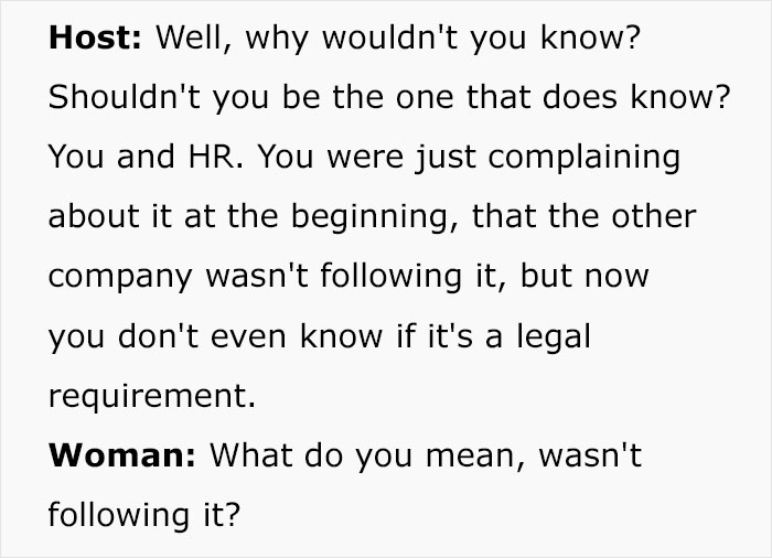 Text conversation discussing legal requirement and HR, woman questioning compliance. Text conversation discussing legal requirement and HR, woman questioning compliance.