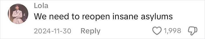 Comment by Lola about mental health, suggesting reopening asylums, dated 2024-11-30, with reactions. Comment by Lola about mental health, suggesting reopening asylums, dated 2024-11-30, with reactions.
