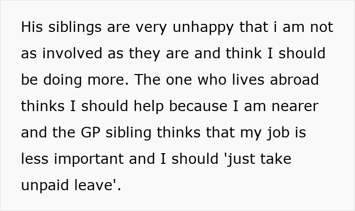 Text about elderly in-laws criticizing a woman's involvement in caregiving. Text about elderly in-laws criticizing a woman's involvement in caregiving.