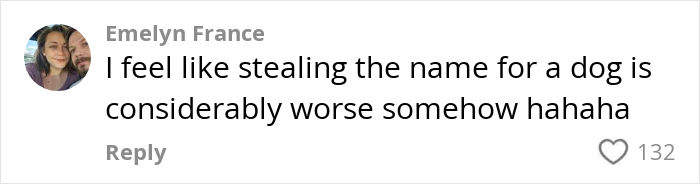 Comment on name stealing for a dog, with reactions, highlighting the name "Pearl. Comment on name stealing for a dog, with reactions, highlighting the name "Pearl.