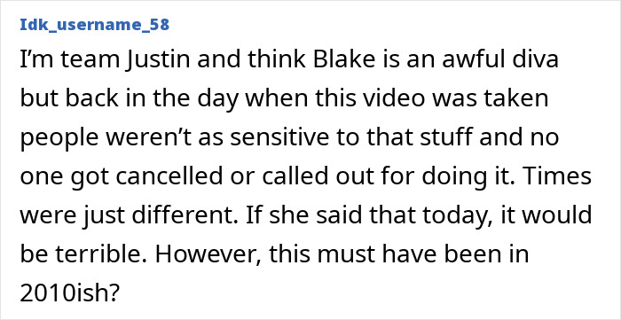 Comment discussing Blake Lively and blackface controversy, mentioning sensitivity and cancellation culture over time. Comment discussing Blake Lively and blackface controversy, mentioning sensitivity and cancellation culture over time.