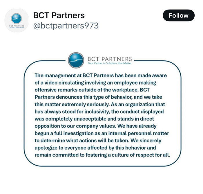 BCT Partners' statement on social media about an employee's conduct, reflecting DEI-focused company values. BCT Partners' statement on social media about an employee's conduct, reflecting DEI-focused company values.