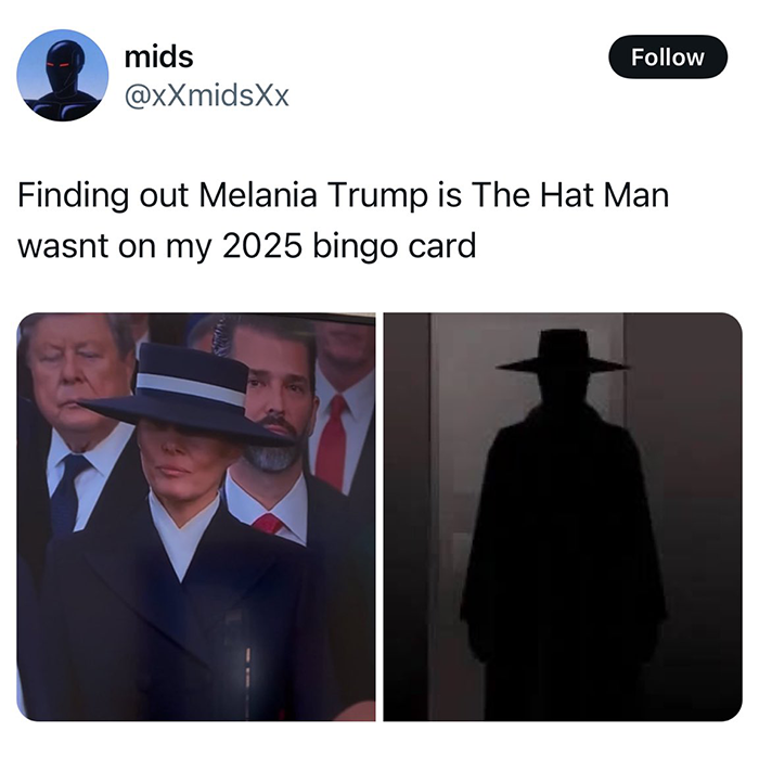 Melania Trump's outfit at a presidential event compared humorously to a shadowy figure, sparking reactions. Melania Trump's outfit at a presidential event compared humorously to a shadowy figure, sparking reactions.