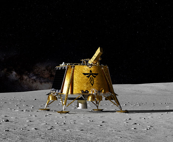 Golden commercial robotic moon lander on lunar surface during NASA broadcast. Golden commercial robotic moon lander on lunar surface during NASA broadcast.