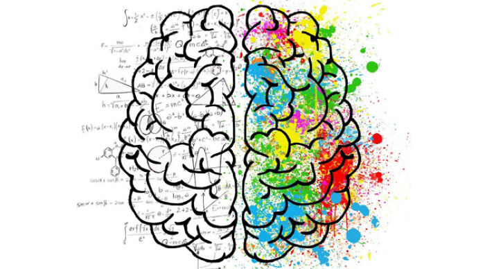 Illustration of the brain showing left side with math equations and right side with colorful splashes, highlighting brain function. Illustration of the brain showing left side with math equations and right side with colorful splashes, highlighting brain function.