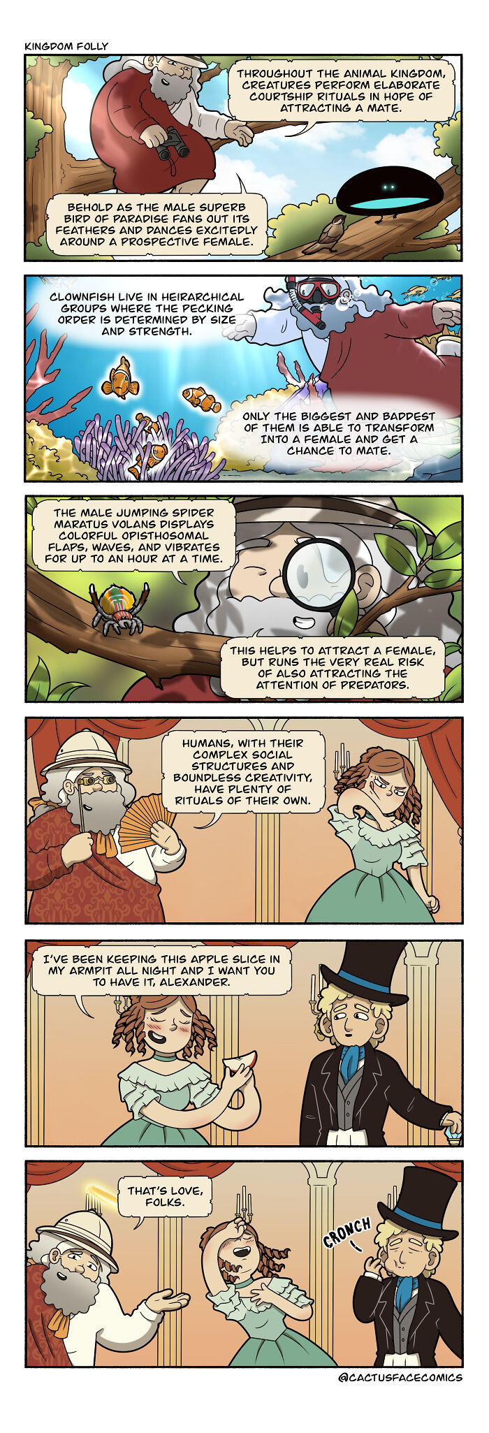 Humorous comic featuring God observing animals' courtship rituals in absurd situations.