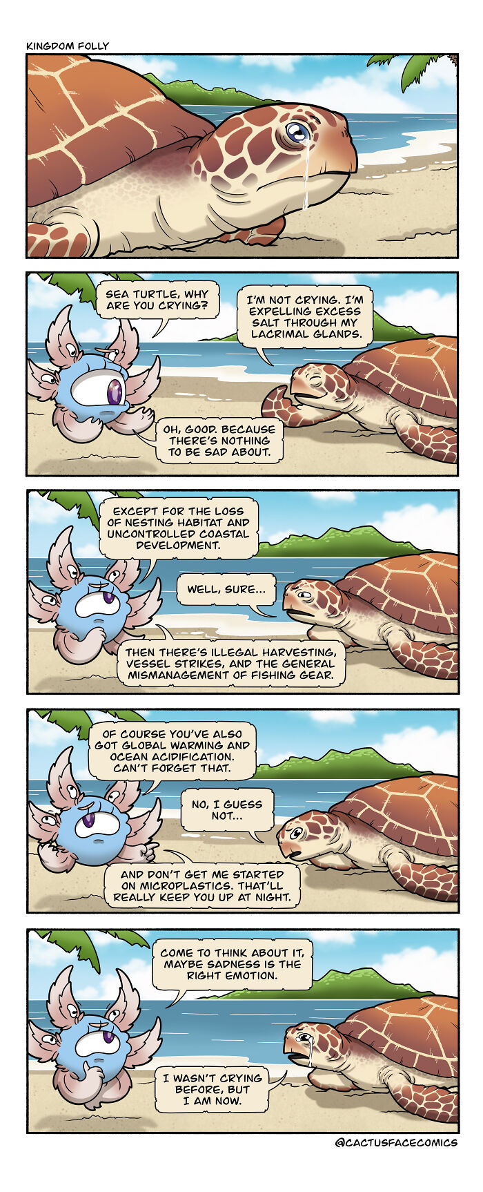 Humorous comic featuring God as a turtle facing absurd situations, discussing environmental issues with a bird.