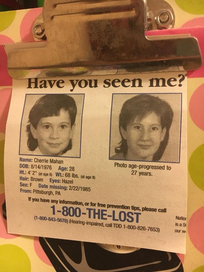Missing poster for Cherrie Mahan, showing age-progressed photo from 1985 bus stop disappearance. Missing poster for Cherrie Mahan, showing age-progressed photo from 1985 bus stop disappearance.