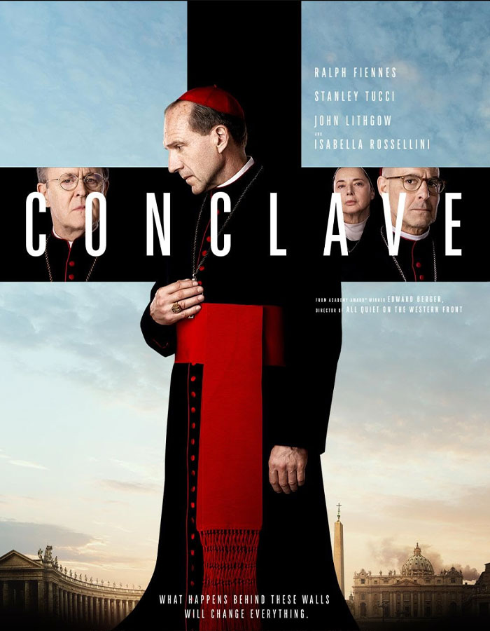 Poster for "Conclave" featuring actors in clerical attire, related to Oscar nominations. Poster for "Conclave" featuring actors in clerical attire, related to Oscar nominations.