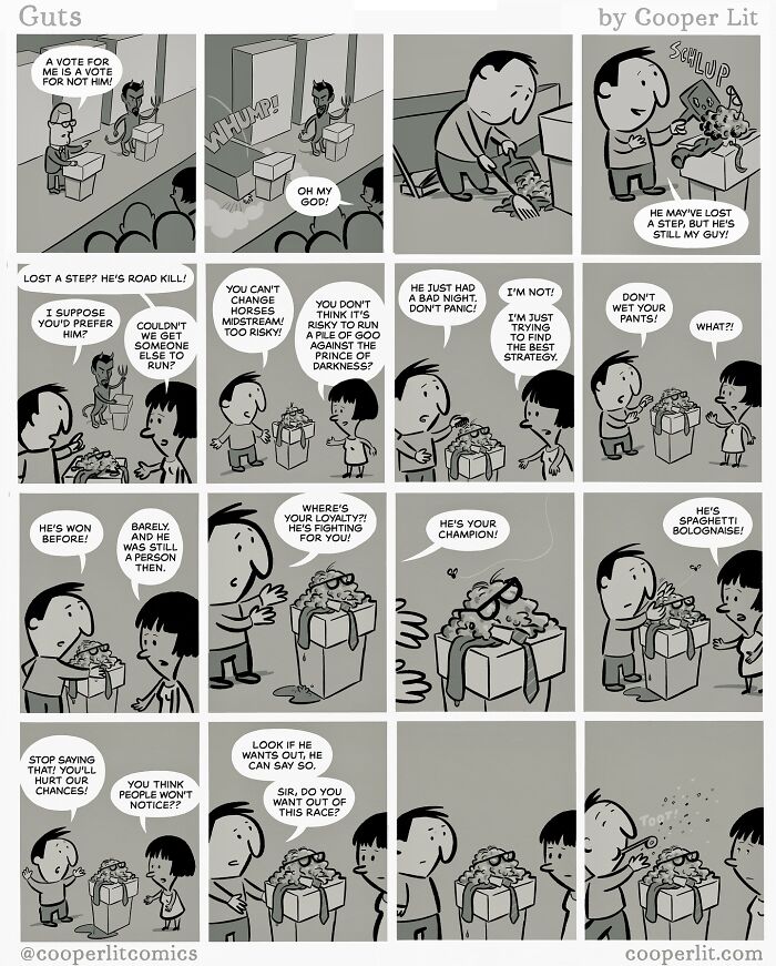 Comic strip with silly twists, featuring characters discussing unexpected events and a pile of goo as a candidate.