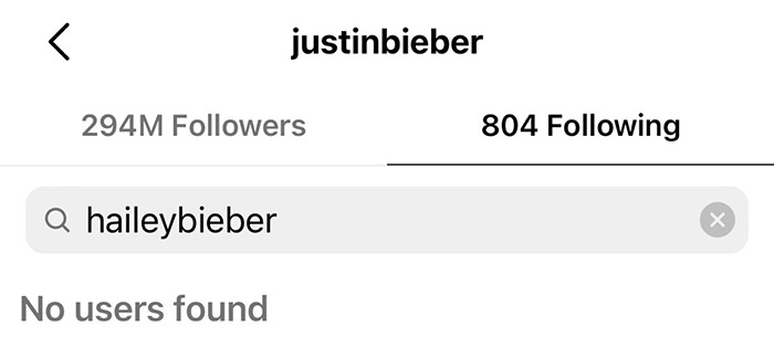 Instagram profile screenshot showing Justin Bieber unfollowing Hailey Bieber. Instagram profile screenshot showing Justin Bieber unfollowing Hailey Bieber.