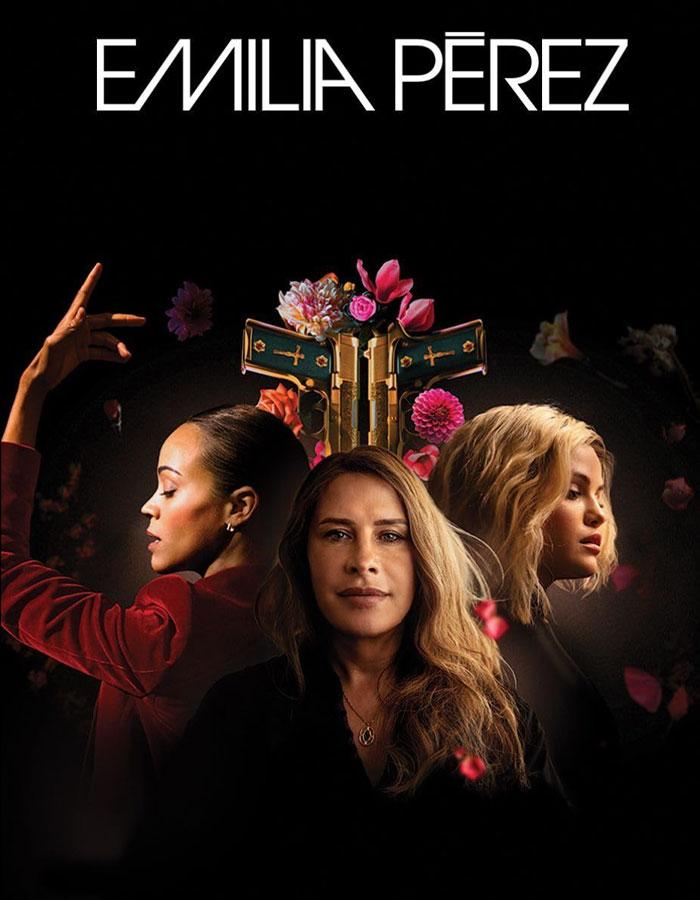 Movie poster for "Emilia Pérez" featuring three women with flowers, related to Oscar nominations. Movie poster for "Emilia Pérez" featuring three women with flowers, related to Oscar nominations.
