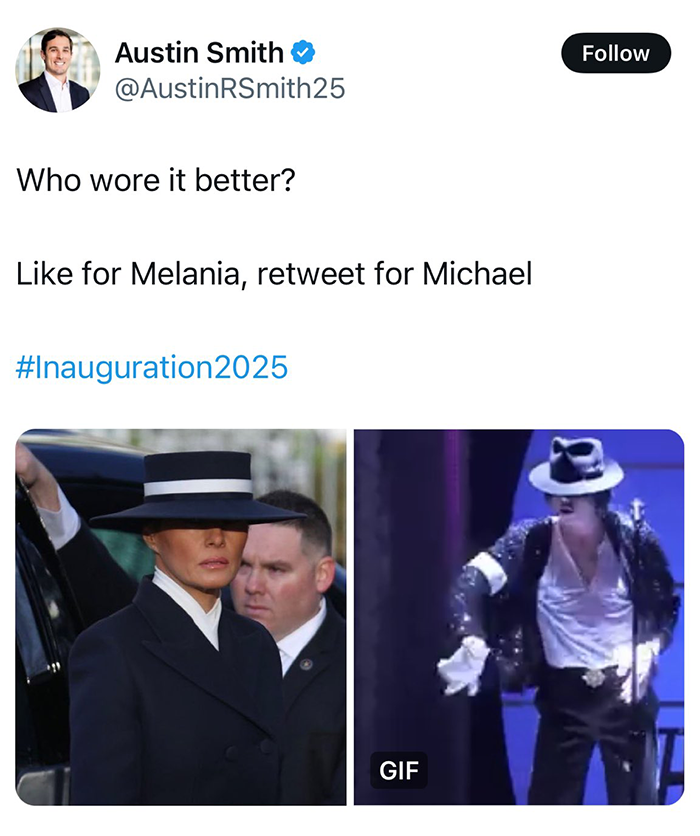 Comparison of Melania Trump's inauguration outfit with a similar iconic style in a humorous social media post. Comparison of Melania Trump's inauguration outfit with a similar iconic style in a humorous social media post.