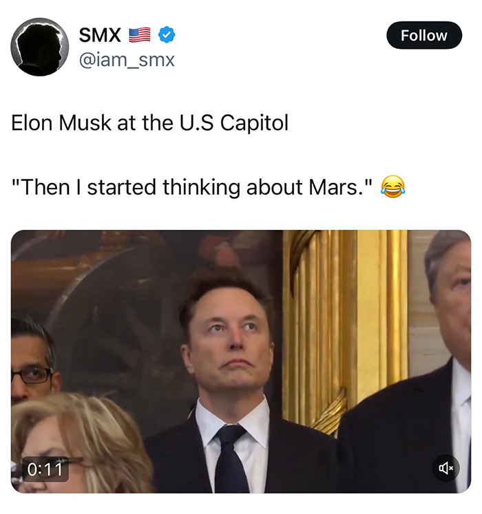 Elon Musk at U.S. Capitol event, looking upwards, with caption about Mars, sparking meme reactions. Elon Musk at U.S. Capitol event, looking upwards, with caption about Mars, sparking meme reactions.