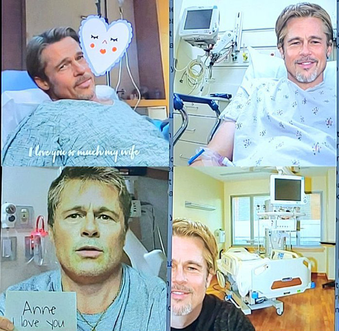 Images of a person resembling Brad Pitt in a hospital setting with text overlays. Images of a person resembling Brad Pitt in a hospital setting with text overlays.