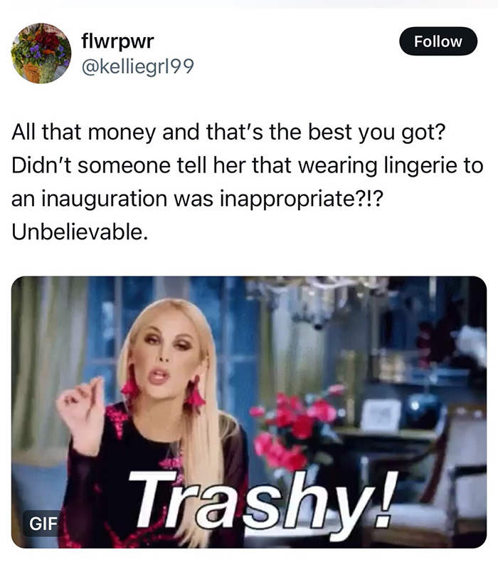 GIF with woman gesturing, text "Trashy!" Related to Lauren Sanchez inappropriately wearing lingerie. GIF with woman gesturing, text "Trashy!" Related to Lauren Sanchez inappropriately wearing lingerie.