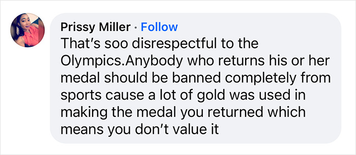 Social media comment criticizing Olympic athletes returning medals after Paris Games. Social media comment criticizing Olympic athletes returning medals after Paris Games.