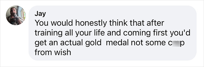 Text from a user expressing disappointment about Olympic medals quality. Text from a user expressing disappointment about Olympic medals quality.