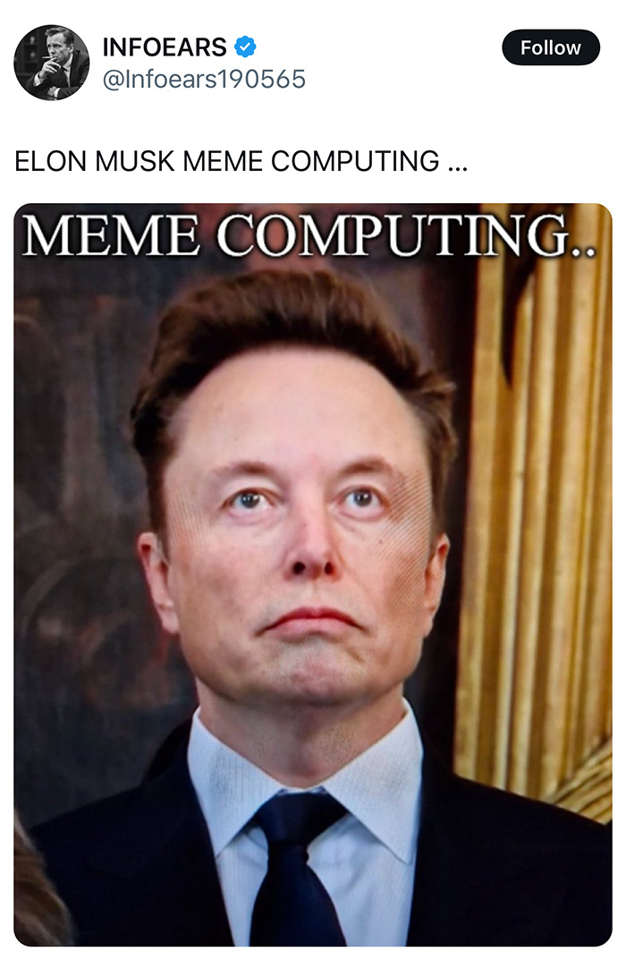 Elon Musk becomes meme at inauguration, text reads "meme computing" in humorous context. Elon Musk becomes meme at inauguration, text reads "meme computing" in humorous context.