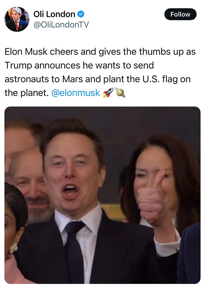 Elon Musk giving thumbs up at presidential inauguration, Mars mention becomes meme moment. Elon Musk giving thumbs up at presidential inauguration, Mars mention becomes meme moment.