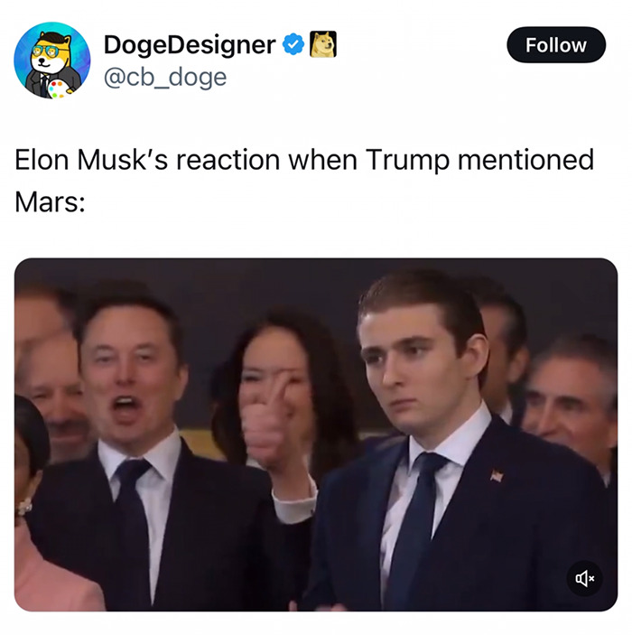 Elon Musk at a presidential event reacting humorously during a Mars mention, surrounded by attendees. Elon Musk at a presidential event reacting humorously during a Mars mention, surrounded by attendees.