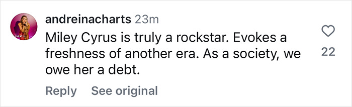 "Miley Cyrus praised as a rockstar, evoking nostalgia in a comment on social media. "Miley Cyrus praised as a rockstar, evoking nostalgia in a comment on social media.