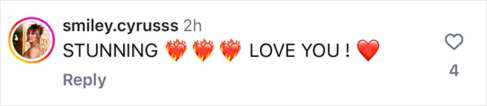 Fan comment praising Miley Cyrus' stunning transformation with heart emojis. Fan comment praising Miley Cyrus' stunning transformation with heart emojis.