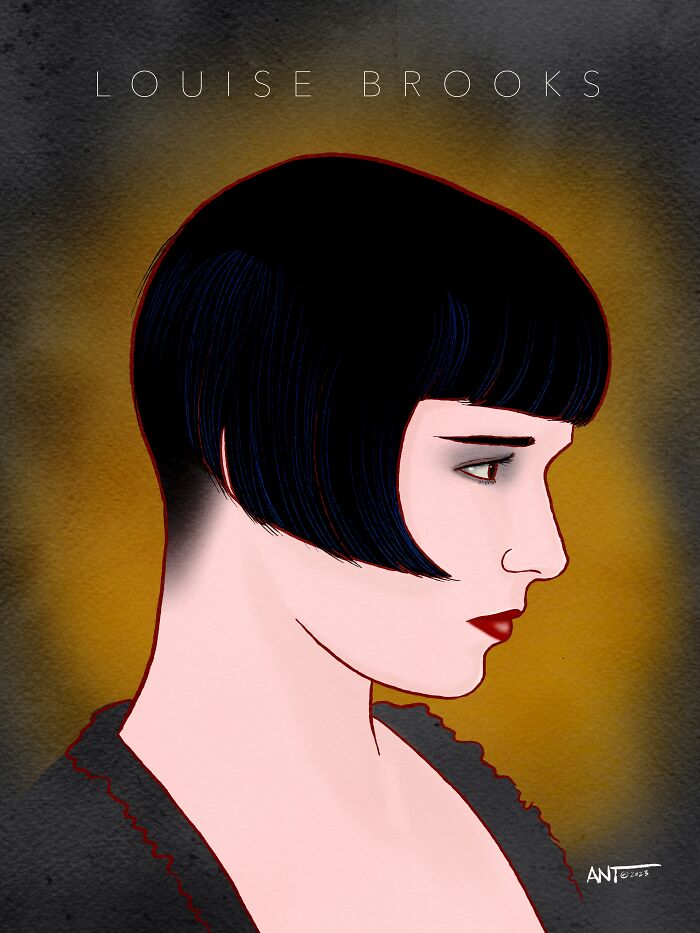 Digital drawing of Louise Brooks, one of Hollywood's timeless symbols of attraction with short black hair and red lips.
