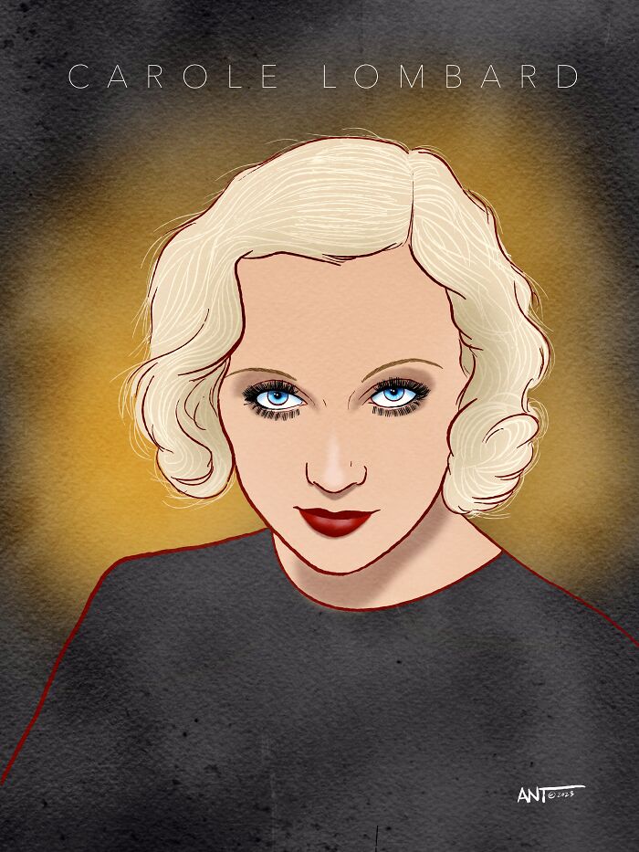 Digital drawing of Carole Lombard showcasing Hollywood timeless symbols of attraction with blonde hair and blue eyes.